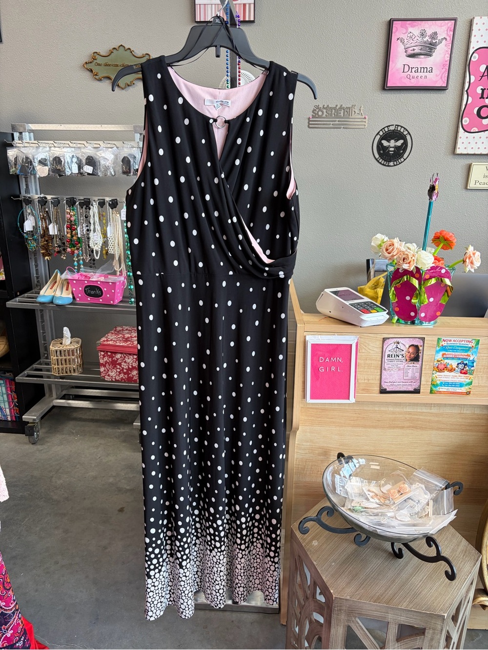 Polka Dot Sleeveless Maxi Dress — Black with Pink Lining